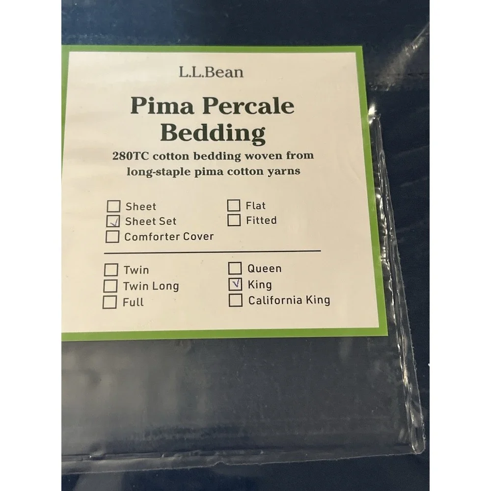 L.L.Bean Pima Percale Bedding 280TC King Sheets Mariner Blue Cotton NEW Navy